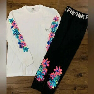 PINK VS  TROPICAL BLING TSHIRT / YOGA LEGGINGS OUTFIT SET M